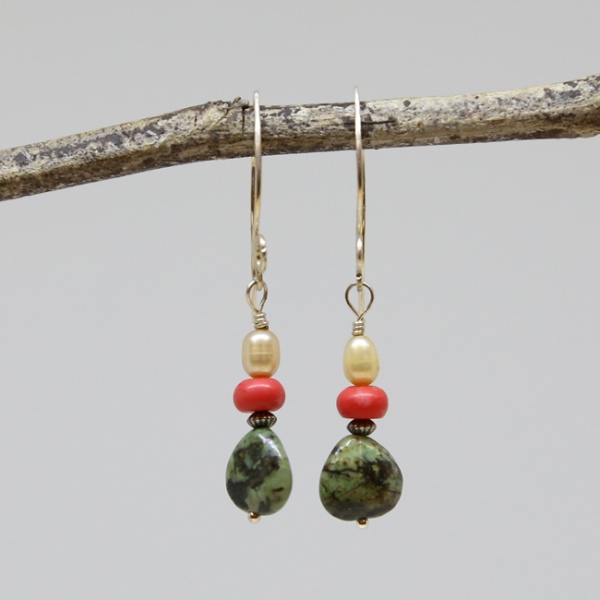 Michele's Wearable Art - African Turquoise, Coral and Pearl Earrings