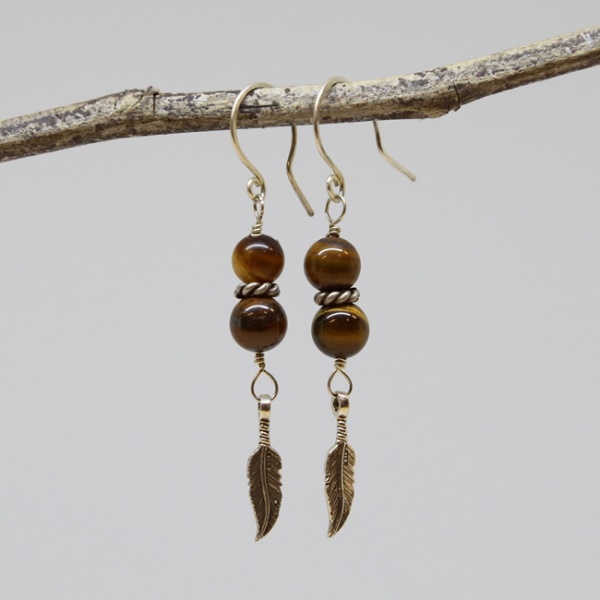 Michele's Wearable Art - Tigereye and Feather Dangles