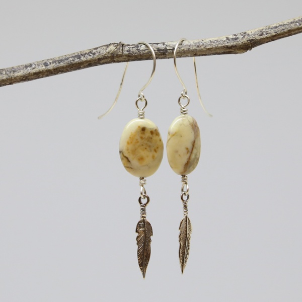 Michele's Wearable Art - Sterling Silver Feathers and Brown Marble Drop Earrings