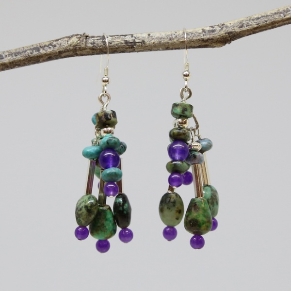 Michele's Wearable Art - African Turquoise and Amethyst Chandelier Earrings
