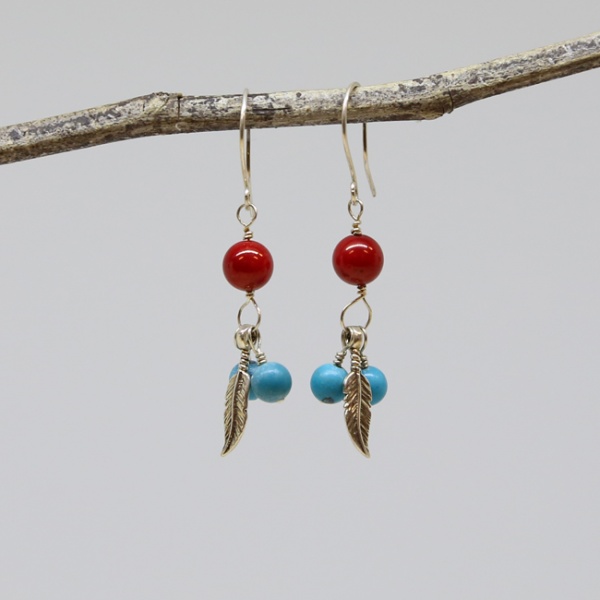 Michele's Wearable Art - Feathered Red Coral and Turquoise Magnesite Earrings